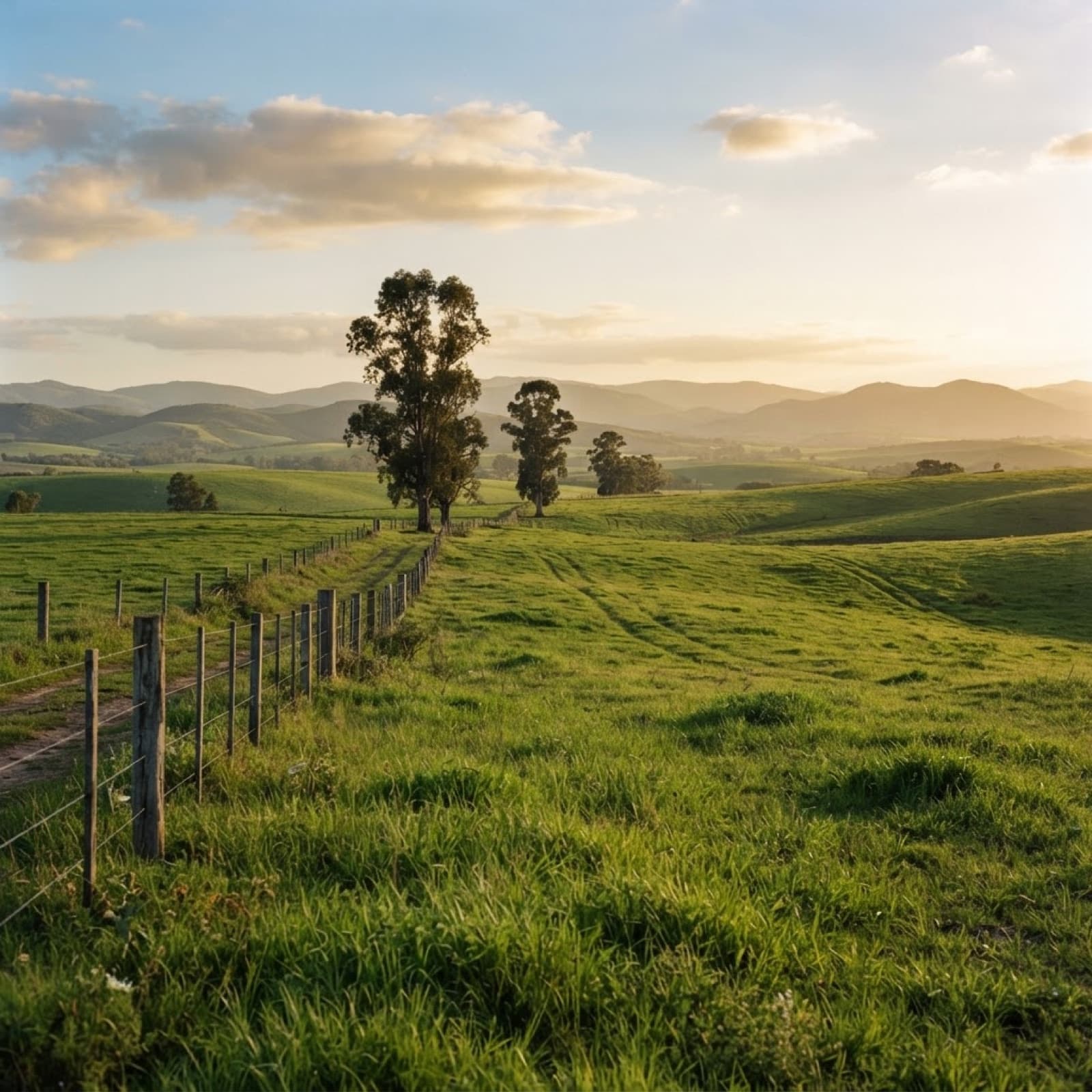 Campo con pastura verde y árboles al atardecer