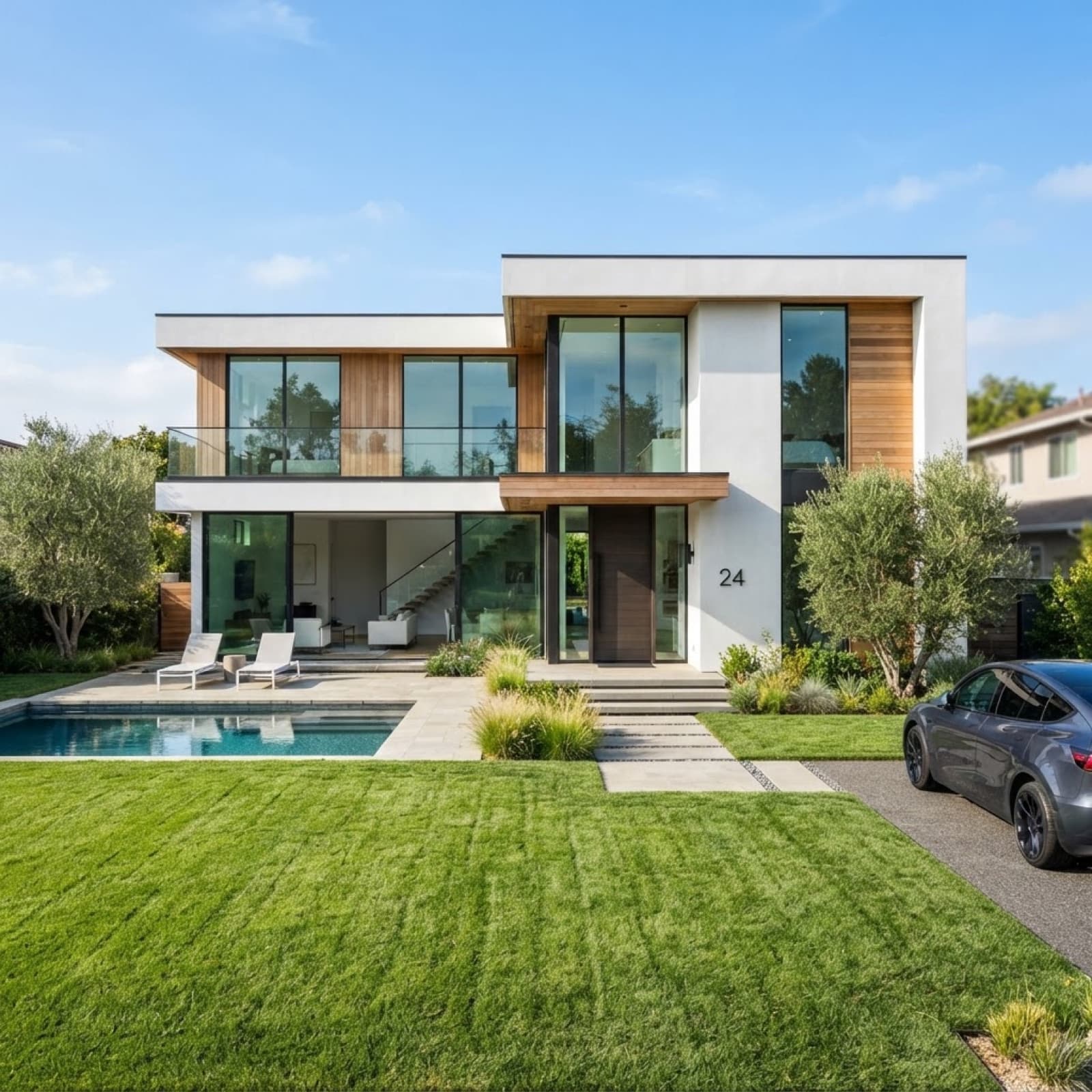 Casa contemporánea con grandes ventanales y césped